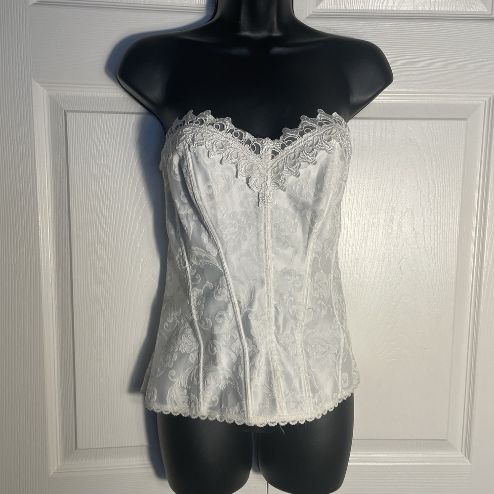 Vintage Fredericks Of Hollywood Corset Top Women 40 White Y2K Lace Trim Festival